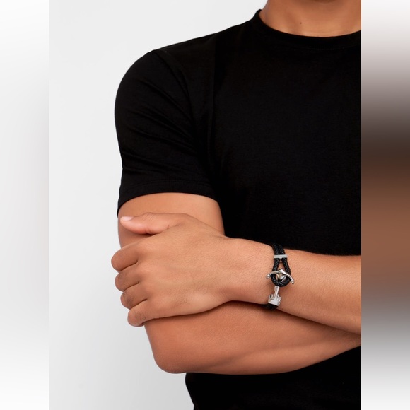 Adornia Water Resistant Anchor Braided Leather Bracelet | Silver/Black, One Size - Picture 2 of 3